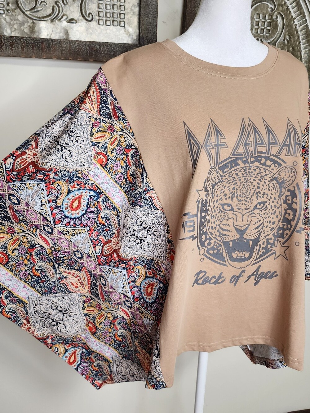 Paisley Kimono Sleeve Crop Top in Taupe - Picture 2 of 13
